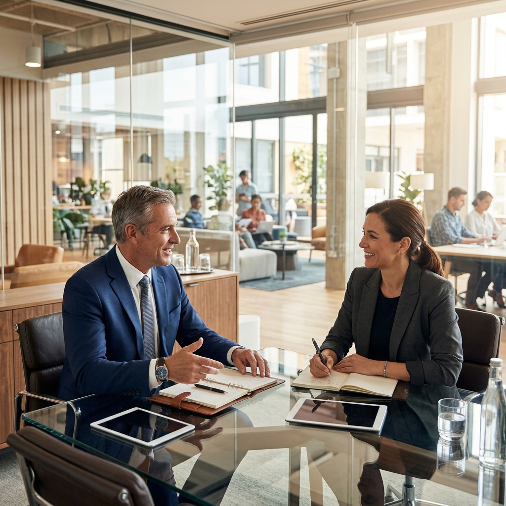 Senior coworking business advisor consulting with a flexible workspace operator in a modern private office environment.