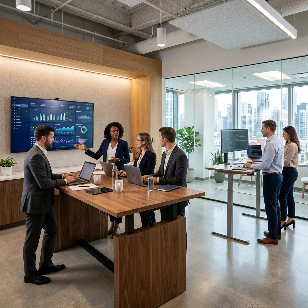 A corporate flex office floor with enclosed private team suites.