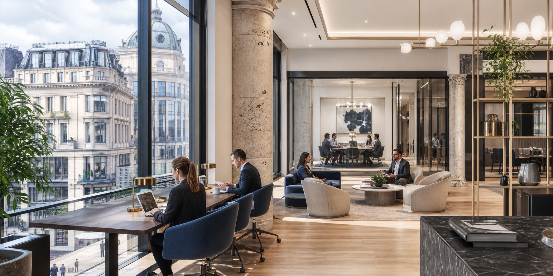 A premium flexible workspace interior with tall windows over a historic European street.