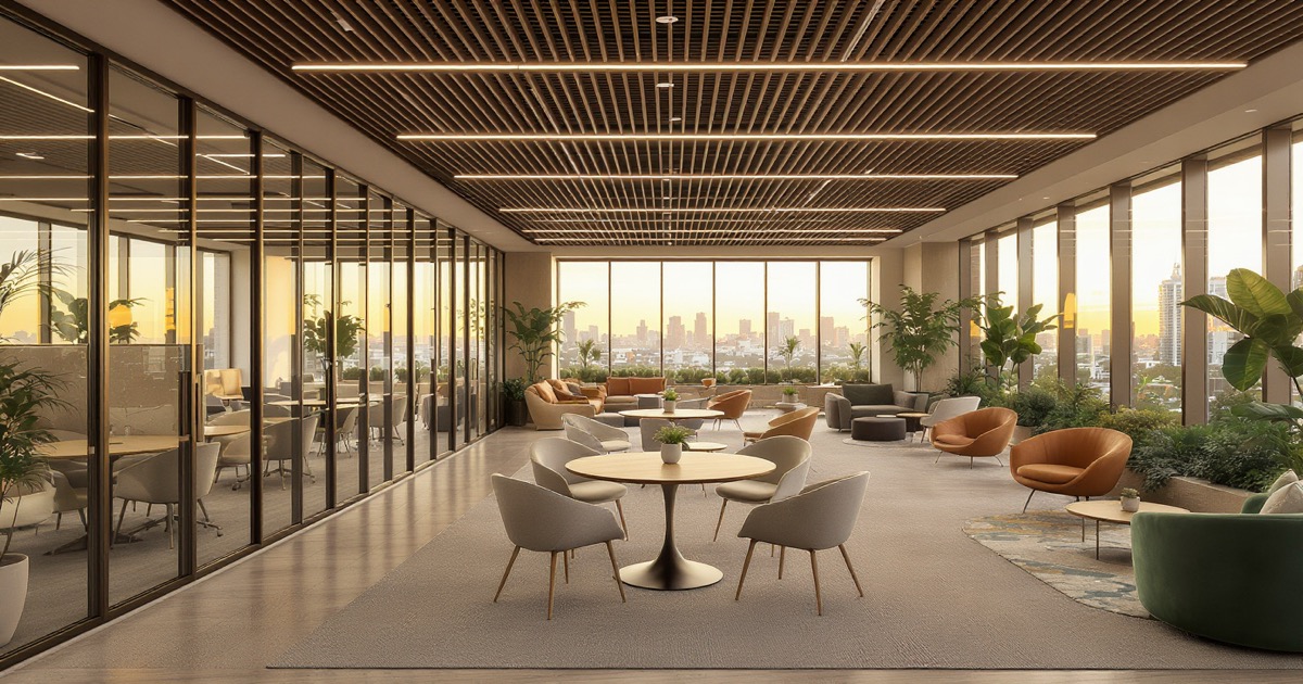 A flexible workspace floor with enclosed private offices beside a shared open area.